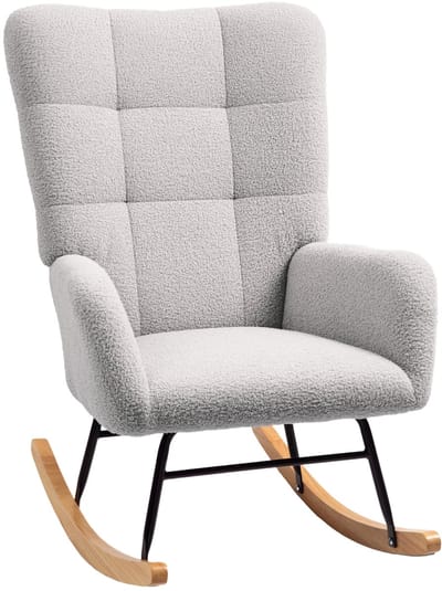 Merax Schommelstoel - Teddystof Lichtgrijs - Relaxstoel met Armleuningen - Brede Rugleuning - Houten Schommelpoten - Comfortabele Fauteuil voor Woonkamer of Slaapkamer