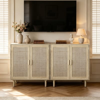 MIVRAY Opbergkast - Twee Deuren Met Rotanlook En Open Vakken - Voor Woonkamer En Hal - MDF En Hout - 80x40x88 Cm