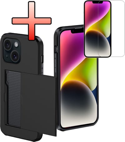 Hoes Geschikt voor iPhone 14 Hoesje Pasjeshouder Hard Cover Met Screenprotector Shock Proof Hard Case Hoes Met Kaarthouder - Zwart