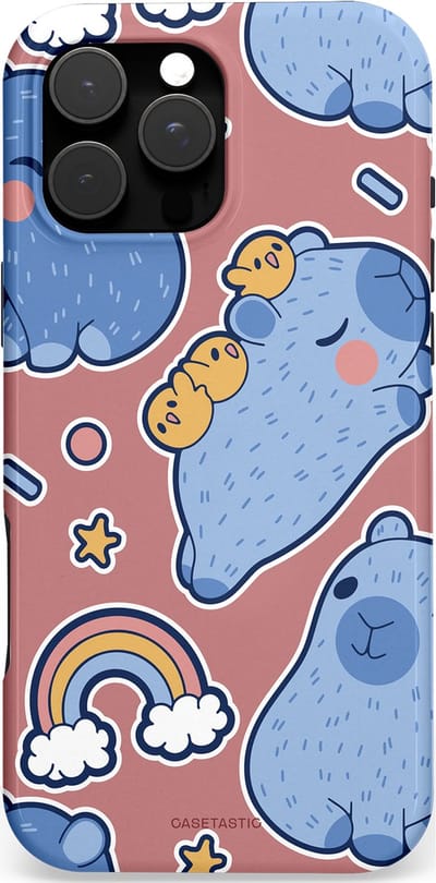 Casetastic hoesje geschikt voor Apple iPhone 16 Pro Max - MagSafe - Dubbellaagse bescherming - Capibara knuffelvriend - Fashion Case - Lichtblauw Taupe Lavendel Grijs