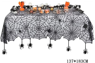 Halloween decoratie - Tafelkleed- Kant Gotisch - halloween decoratie buiten - Rechthoekig Spinnenweb - met 6 Zijden Spinnen Tafelkleed - Halloween horrorscène - voor Thuis Keuken - Eetkamer - woonkamer - tuin - Zwart -183 x 137 cm