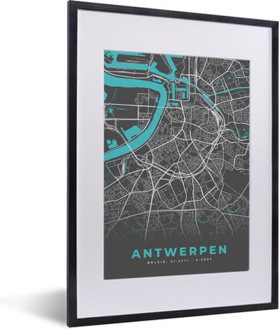 Fotolijst incl. Poster - Stadskaart – Grijs - Kaart – Antwerpen – België – Plattegrond - 30x40 cm - Posterlijst