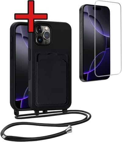 Hoesje Geschikt voor iPhone 16 Pro Hoesje Met Telefoonkoord en Pasjeshouder Met Screenprotector Siliconen - Hoes Geschikt voor iPhone 16 Pro Hoesje Met Kaarthouder Case - Zwart