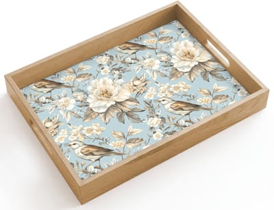 Dienblad hout 40x30 cm - Schootdienblad - Botanisch - Zangvogel - Blauw - Borrelplank rechthoek - Plateau dienbladen