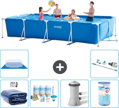 Intex Rechthoekig Frame Zwembad - 450 x 220 x 84 cm - Blauw - Inclusief Solarzeil - Onderhoudspakket - Zwembadfilterpomp - Filter - Grondzeil - Stofzuiger - 7-delig