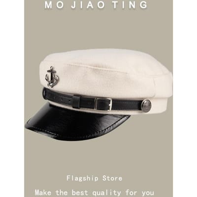 Japanse Retro Marine Blauwe Pet PU Leer Britse Stijl Achthoekige Pet voor Dames Herfst en Winter Grote Hoofdomtrek Gezicht Slank Makend Kleine Baret One Size white