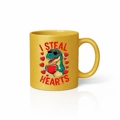 I Steal Hearts Dinosaurus Mok 330ml – Gouden Glitter Koffiemok met Grappige T-Rex Valentijnsprint – Schattig Romantisch Cadeau