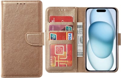 Hoesje Geschikt voor iPhone 15 Plus – Arara bookcase met pasjeshouder- Goud