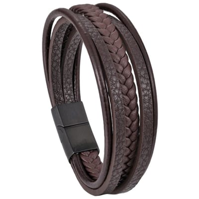 Fako Bijoux® - Armband Heren - Bruin 5 Snoeren Combo - Mannen - 21cm - Leer - Magnetische Sluiting - Bruin