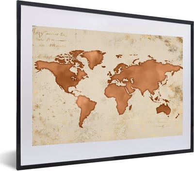 Poster in lijst - Fotolijst 60x40 cm - Posters - Wereldkaart - Papyrus - Koper - Posterlijst zwart - Decoratie - Wanddecoratie woonkamer - Muurdecoratie slaapkamer