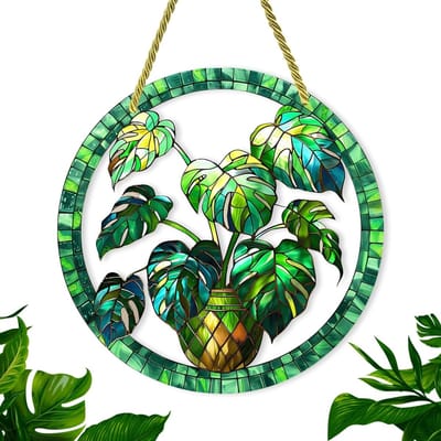 Zonvanger met groen plantenpatroon voor raamdecoratie, kleurrijke glaseffecten, acryl, regenboogreflectie, interieur en exterieur versiering, transparant design