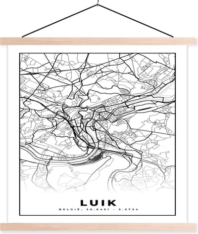 Posterhanger incl. Poster 40x40 cm - Schoolplaat - Stadskaart – Zwart Wit - Kaart – Luik – België – Plattegrond - Textielposter - Blanke latten - Stadskaart