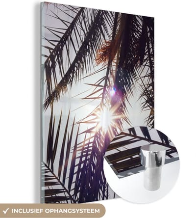 MuchoWow® Glasschilderij 30x40 cm - Schilderij acrylglas - Palmbladeren - Zon - Zomer - Foto op glas - Schilderijen