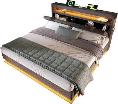 VVBV Gestoffeerd Opbergbed 180x200 cm - LED, USB-C, Hydraulische Opbergruimte, Opberghoofdbord, Lades, Linnen, Zonder Matras