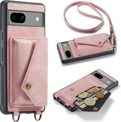 Casemania Hoesje Geschikt voor Google Pixel 8 - Pale Pink - Luxe Backcover met Koord en Magnetische Sluiting - Portemonnee Wallet Case met Pasjeshouder en Opbergvak - Lanyard Telefoonhoes - Cord Case
