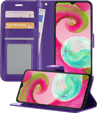 Hoesje - Met Pasjeshouder - Geschikt voor Samsung Galaxy A04s - Luxe Bookcase Portemonee - Flip Case - Kunstleer Book Case - Flipcase - Book Cover - Walletcase - Portemonneehoes - Telefoonhoesjes - Paars