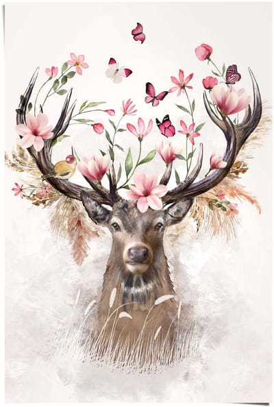 Poster Hert in Bloemen - 91,5 x 61 - Papier - REINDERS
