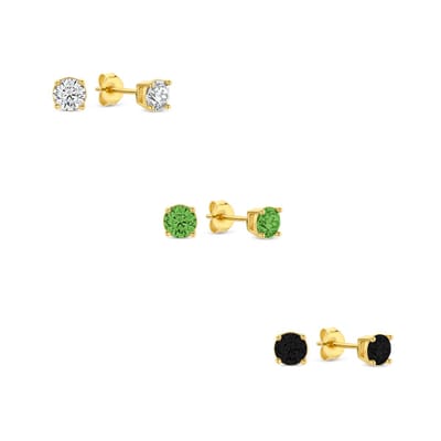 New Bling 9SIL-SET0042 Zilveren Zirkonia Oorknoppen Set 4mm Wit Groen Zwart Earparty - Zilver - Verguld/Goud op Zilver
