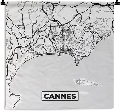 Wandkleed - Wanddoek - Frankrijk - Cannes - Kaart - Plattegrond - Stadskaart - Zwart wit - 180x180 cm - Wandtapijt