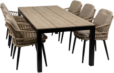7-delige tuinset | 6 Isabel stoelen (Sand) | 225cm Cyprus tuintafel (Wood)