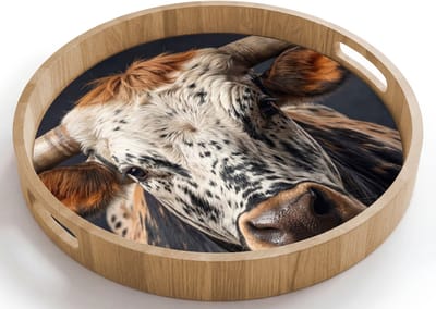 Dienblad rond 40x40 cm - Schootdienblad hout - Stier - Kleurrijk - Hoorns - Borrelplank rechthoek - Plateau houten dienbladen