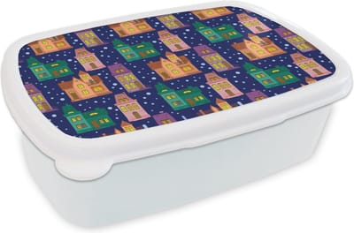 Broodtrommel Wit - Lunchbox - Brooddoos - Winter - Patroon - Huis - 18x12x6 cm - Volwassenen