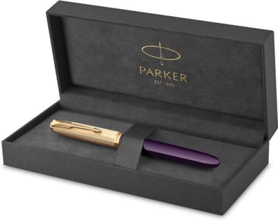 PARKER 51 vulpen | 18k puur goud | pruimkleurige hars | gouden detail | fijne punt met zwarte inkt | geschenkverpakking