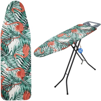 KADAX Strijkplankovertrek met trekkoord, strijkplankovertrek van katoen, strijkplankhoes voor stoomstrijkijzer, vervangende strijkplankhoes met sponsvulling (Flamingos 132 x 48 cm)