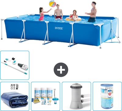 Intex Rechthoekig Frame Zwembad - 450 x 220 x 84 cm - Blauw - Inclusief Solarzeil - Onderhoudspakket - Zwembadfilterpomp - Filter - Stofzuiger - 6-delig