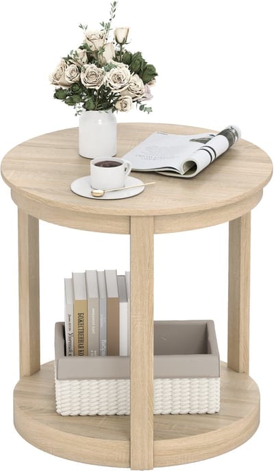 COSTWAY Ronde salontafel met 2 niveaus, banktafel van rubberhout, kafeetafel, bijzettafel in landhuis, tafel voor woonkamer, slaapkamer, ontvangstruimte (eiken)