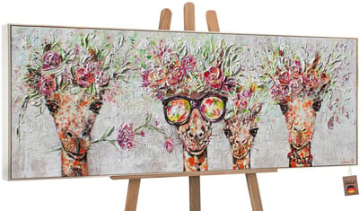 Canvas schilderij panoramisch handgeschilderd giraffen dieren savanne – YS-Art Gallery – Unieke wanddecoratie voor woonkamer – Bijzonder schilderij voor kinderkamer en hal