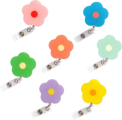 Bloemen Badge Haspel - Naamkaart Houder - ID Tonen - Intrekbaar Snoer - 7 Stuks - Kleurrijk