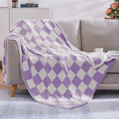 Geruite deken van paarse microvezel - Zachte en warme handgemaakte dekens voor bank, stoel, bed, camping en reizen (152 x 203 cm)