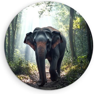 Saammp Muurcirkel Hout - Olifant in bos - Dieren - Ø 90 - Wandcirkel - Wanddecoratie Cirkel - muurdecoratie Woonkamer - Slaapkamer decoratie - Rond Schilderij