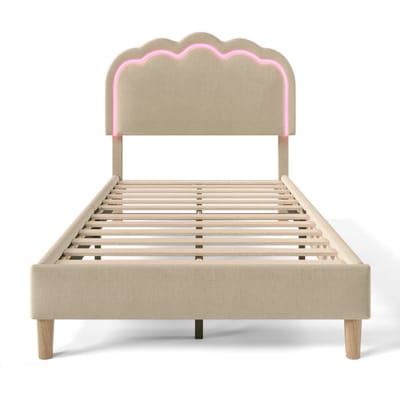 Gestoffeerd Bed LED Eenpersoonsbed 90 x 190 cm, Bedframe met Lattenbodem en Verstelbaar Hoofdeinde, Beige, Bedframe, Fluweel