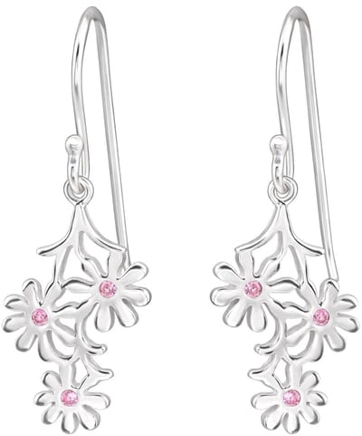 Joy|S - Zilveren bloem bedel oorbellen - daisy bloemen oorhangers - madeliefjes - roze zirkonia dames oorbellen