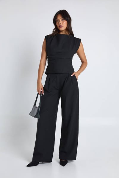 boohoo Dames Geplooide ingesnoerde top & palazzo-broek co-ord | Zwart | Maat: 36