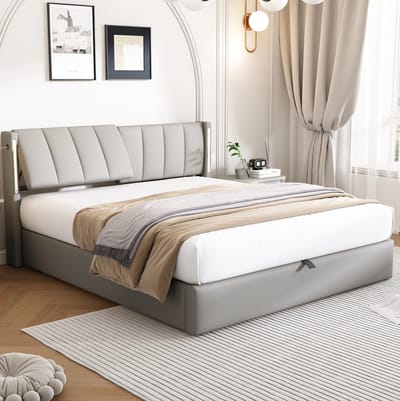 MEUNIQ tweepersoons bed 140 x 200 cm met verstelbaar hoofdeinde, LED-verlichting, USB-aansluiting, opbergruimte en lattenbodem, kunstleer grijs