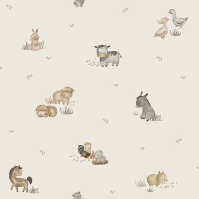 Behang - Boerderij Dieren - Farmhouse - Babykamer Neutraal - Beige Bruin - Kinderkamer - Landelijk - Dierenbehang - Koe Schaap Paard - Aquarel - 0,53 x 10,05 M - Happy