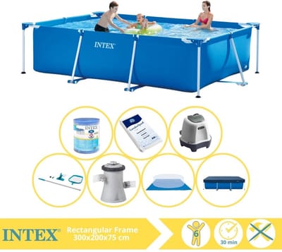 Intex Rechthoekig Frame Zwembad - 300 x 200 x 75 cm - Blauw - Inclusief Afdekzeil - Zwembadfilterpomp - Filter - Grondzeil - Schoonmaakset - Zoutwatersysteem - Zwembadzout - 8-delig