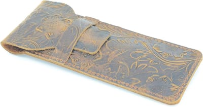 Handgemaakte Leren Pennenhouder voor Notitieboeken - Luxe Pennenkoker, Potloodbescherming en Pennenholster in Bruin met Bloemenpatroon