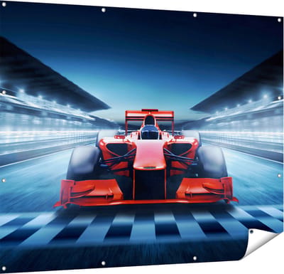 Gards Tuinposter Formule 1 Auto bij de Finish - Rood - 150x120 cm - Tuindoek - Tuindecoratie - Wanddecoratie buiten - Tuinschilderij