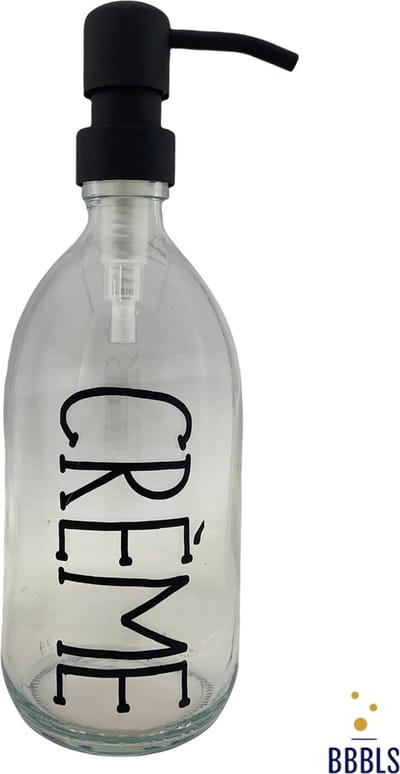 BBBLS® Design Dispenser "Creme" | Transparant Glas | 500ml | RVS / Metaal Pomp Zwart | Zeeppomp | Zeepdispenser | Zeephouder