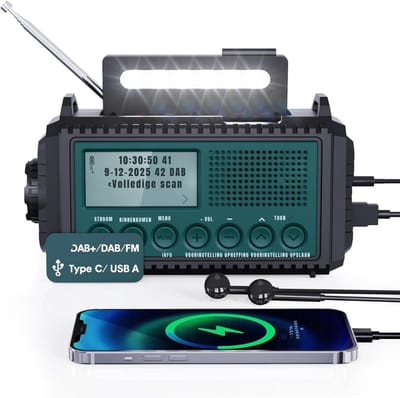 RUX® Krachtige Bouwradio – Noodradio SOS-Alarm - Noodradio Solar Opwindbaar – met Zaklamp - Radio op Batterijen + Zonnepaneel + USB + Opwindbare Radio- Bouwradio Dab - Blauwgroen - 18cm x 7cm x 10cm