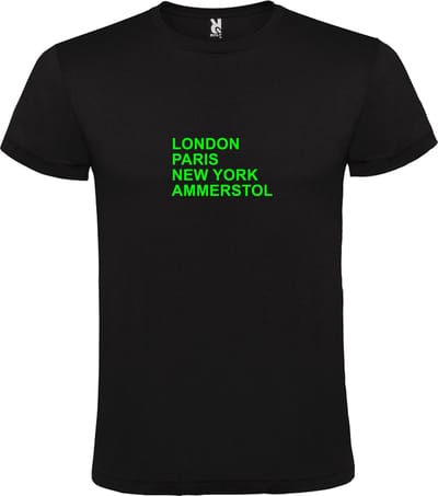 Zwart T-Shirt met “ LONDON, PARIS, NEW YORK, AMMERSTOL “ Afbeelding Neon Groen Size XS
