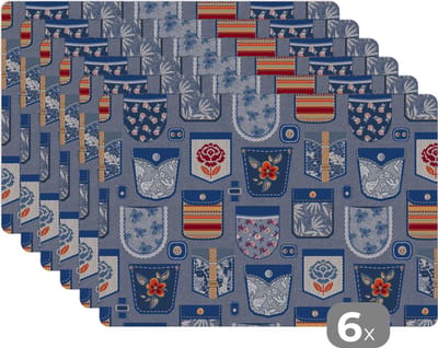 Placemat - Placemats kunststof - Broek - Denim - Patch - Patronen - 45x30 cm - 6 stuks - Hittebestendig - Anti-Slip - Onderlegger - Afneembaar