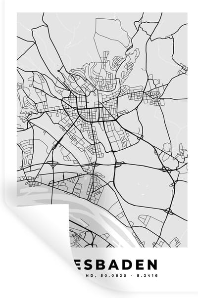 Muurstickers - Sticker Folie - Wiesbaden - Kaart - Stadskaart - Duitsland - Plattegrond - 20x30 cm - Plakfolie - Muurstickers Kinderkamer - Zelfklevend Behang - Zelfklevend behangpapier - Stickerfolie
