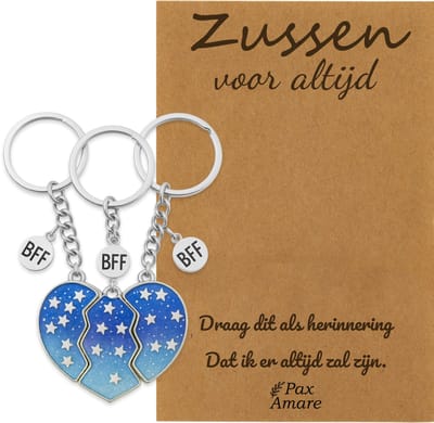 BFF Sleutelhanger voor 3 'Zussen voor altijd' - Magnetisch Blauw Hartje - Sleutelhanger set op Cadeau Kaartje Sleutelhanger set - Zilverkleurig - Vriendschap Symbool - Pax Amare