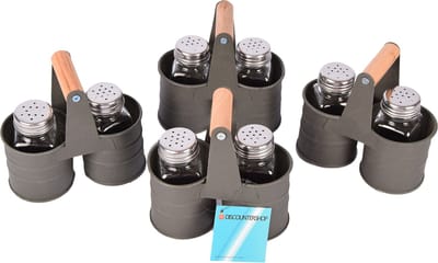 Set van 4 Rustieke Peper en Zout Molens in Legerstijl | Donkergrijs, Glas, Metaal & Hout | Perfect Kerst- en Housewarmingcadeau