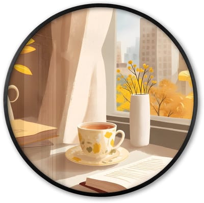 Poster in lijst Rond - Fotolijst 60x60 cm - Posters - Thee - Boek - Thee - Herfst - Ronde posterlijst zwart - Decoratie - Wanddecoratie woonkamer - Muurdecoratie slaapkamer